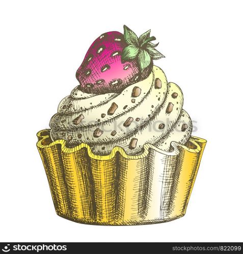 Color Creamy Delicious Cake Sweet Dessert Ink Vector. Confectionery Tasty Cake Made From Custard Cream Decorated Chocolate Crumbs And Strawberry On Top. Designed Food Template Illustration. Color Creamy Delicious Cake Sweet Dessert Ink Vector