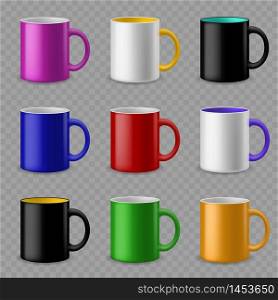 Color cups. Ceramic colorful cup template for different drinks, branding identity design. Pottery mugs vector realistic mockups. Color cups. Ceramic colorful cup template for different drinks, branding identity design. Pottery mugs vector mockups
