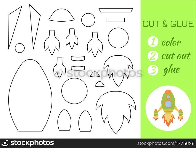 Color, cut and glue paper green rocket. Cut and paste craft activity page. Educational game for preschool children. DIY worksheet. Kids logic game, activities jigsaw. Vector stock illustration.