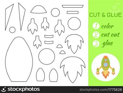 Color, cut and glue paper green rocket. Cut and paste craft activity page. Educational game for preschool children. DIY worksheet. Kids logic game, activities jigsaw. Vector stock illustration.