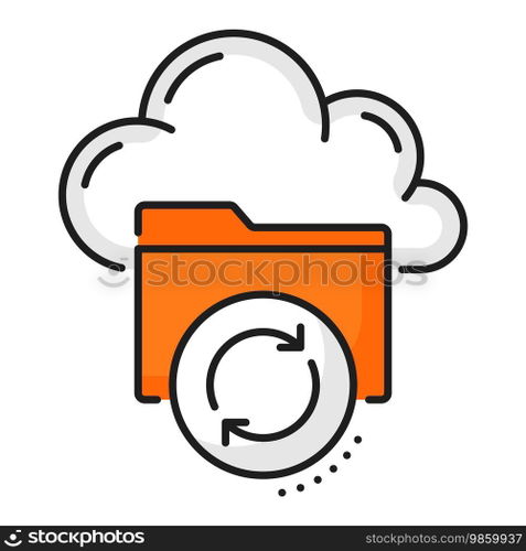 Color database, network server, cloud storage icon. Cloud computing datacenter, SQL database platform or data backup storage center line vector icon with file folder and cloud. Color database, network server, cloud storage icon