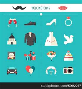 Color Decorative Wedding Icons. Color decorative wedding icons witn clothes of bride and groom festive civil accessories and church isolated vector illustration
