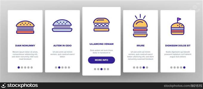 Color Delicious Burger Onboarding Mobile App Page Screen Vector. Unhealthy Restaurant Fast Food Burger Linear Pictograms. Hamburger Fried Meat Among Buns Contour Illustrations. Color Delicious Burger Vector Onboarding