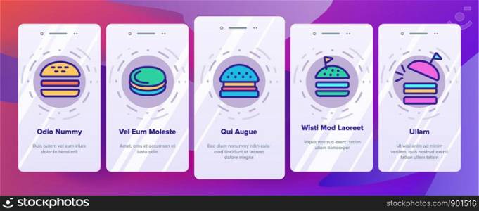 Color Delicious Burger Onboarding Mobile App Page Screen Vector. Unhealthy Restaurant Fast Food Burger Linear Pictograms. Hamburger Fried Meat Among Buns Contour Illustrations. Color Delicious Burger Vector Onboarding