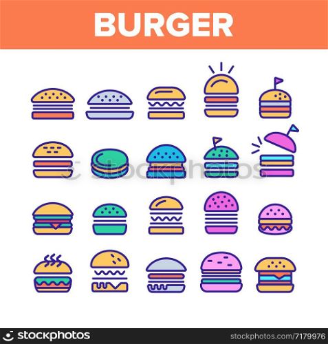 Color Delicious Burger Sign Icons Set Vector Thin Line. Unhealthy Restaurant Fast Food Burger Linear Pictograms. Hamburger Fried Meat Among Buns Contour Illustrations. Color Delicious Burger Sign Icons Set Vector