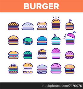 Color Delicious Burger Sign Icons Set Vector Thin Line. Unhealthy Restaurant Fast Food Burger Linear Pictograms. Hamburger Fried Meat Among Buns Contour Illustrations. Color Delicious Burger Sign Icons Set Vector
