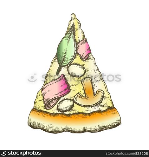 Color Delicious Italian Slice Pizza Monochrome Vector. Cooked Slice Cheese Pizza With Ingredients Champignon Mushroom And Bacon, Olive And Spinach Leaves. Designed Pizzeria Food Illustration. Color Delicious Italian Slice Pizza Monochrome Vector