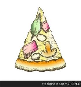 Color Delicious Italian Slice Pizza Monochrome Vector. Cooked Slice Cheese Pizza With Ingredients Champignon Mushroom And Bacon, Olive And Spinach Leaves. Designed Pizzeria Food Illustration. Color Delicious Italian Slice Pizza Monochrome Vector