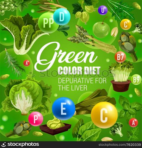 Color diet healthy nutrition, green vegetables and fruits food vitamins. Vector natural organic green color diet depurative for liver, lettuce salads, leek and broccoli, cabbages, berries and nuts. Green color food, healthy vegetables detox diet