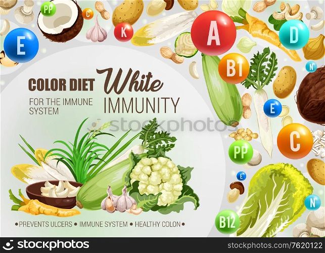 Color diet healthy nutrition, white food vitamins and minerals. Vector natural organic fruits, nuts, vegetables and salads of white color diet for immune system, ulcers prevention and healthy colon. White color food diet, immune system health