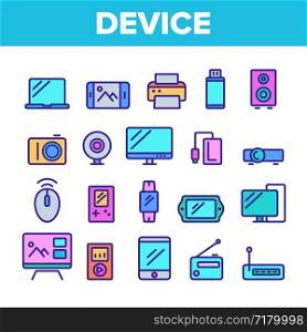 Color Different Devices Sign Icons Set Vector Thin Line. Laptop And Computer, Smartphone And Music Dynamic, Tv And Photo Video Camera Devices Linear Pictograms. Contour Illustrations. Color Different Devices Sign Icons Set Vector