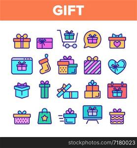 Color Different Gift Sign Icons Set Vector Thin Line. New Year And Birthday Surprise Presents In Box And Gift Wrapping Assortment Linear Pictograms. Christmas Sock Contour Illustrations. Color Different Gift Sign Icons Set Vector