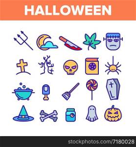 Color Different Halloween Icons Set Vector Thin Line. Pumpkin And Skull, Hat And Broomstick, Zombie And Ghost Halloween Element Assortment Decoration Linear Pictograms. Contour Illustrations. Color Different Halloween Icons Set Vector