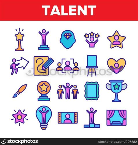 Color Different Human Talent Icons Set Vector Thin Line. Man Silhouette On Tribune And In Lamp Bulb, With Stars And Arrow, Pencil Draw Picture Linear Pictograms. Illustrations. Color Different Human Talent Icons Set Vector