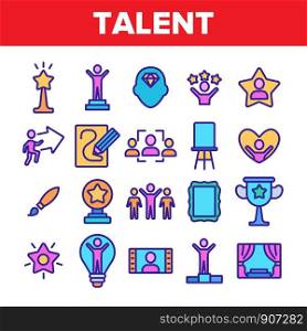 Color Different Human Talent Icons Set Vector Thin Line. Man Silhouette On Tribune And In Lamp Bulb, With Stars And Arrow, Pencil Draw Picture Linear Pictograms. Illustrations. Color Different Human Talent Icons Set Vector