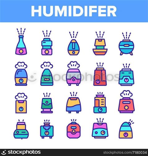 Color Different Humidifier Icons Set Vector Thin Line. Climatic System Equipment Humidifer Assortment Linear Pictograms. Steam, Humidification, Water Contour Illustrations. Color Different Humidifier Icons Set Vector
