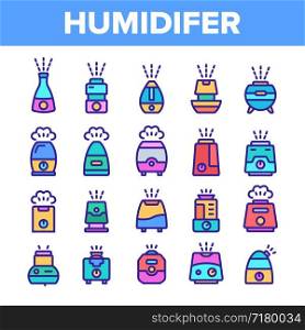 Color Different Humidifier Icons Set Vector Thin Line. Climatic System Equipment Humidifer Assortment Linear Pictograms. Steam, Humidification, Water Contour Illustrations. Color Different Humidifier Icons Set Vector
