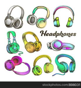 Color Different Sides Headphones Set Vector. Modern Portable Electronic Device Headphones For Listening Radio Music. Stereo Dynamics Earphone Accessory Hand Drawn In Retro Style Illustrations. Color Different Sides Headphones Set Vector