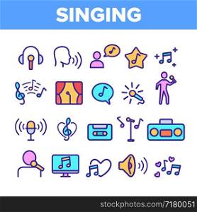Color Different Singing Icons Set Vector Thin Line. Singing And Listening Song And Music In Karaoke, Concert, Tape-recorder Or Audiophone Linear Pictograms. Contour Illustrations. Color Different Singing Icons Set Vector