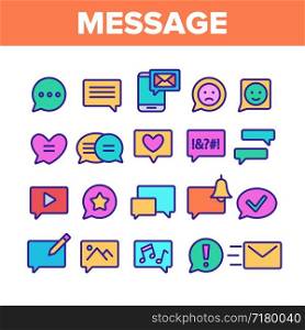 Color Different SMS Message Icons Set Vector Thin Line. Conversation Service, SMS Message, Notification, Group Chat Assortment Linear Pictograms. Contour Illustrations. Color Different SMS Message Icons Set Vector