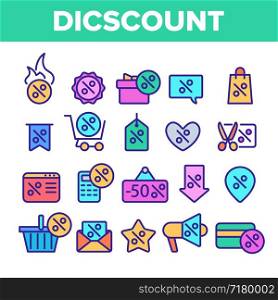 Color Discount Thin Line Icons Set Vector. Percent Sign With Present Box And Heart, GPS Mark And Text Box Frame, Star And Scissors Discount Elements Linear Pictograms. Contour Illustrations. Color Discount Thin Line Icons Set Vector