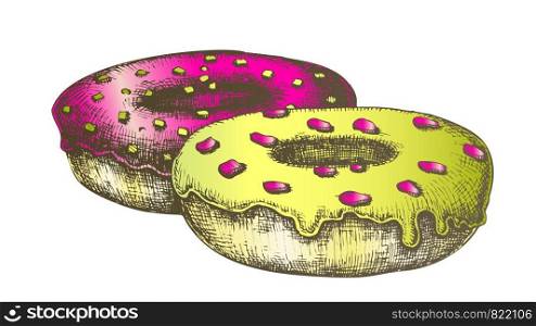 Color Donut Sweet Breakfast Dessert Hand Drawn Vector. Baked Delicious Cake Donut With Cream And Chocolate Crumbs On Top Concept. Designed Gastronomy Product Template Illustration. Color Donut Sweet Breakfast Dessert Hand Drawn Vector