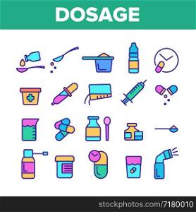 Color Dosage, Dosing Drugs Vector Linear Icons Set. Pharmacological Medications Dosage Outline Cliparts. Disease Treatment Prescription Pictograms Collection. Medical Therapy Illustration. Color Dosage, Dosing Drugs Vector Linear Icons Set