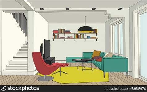 Color drawing of the interior. Perspective view of the interior of the living room