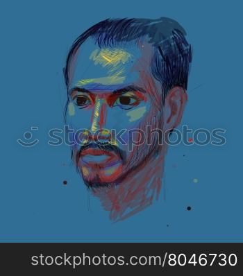 Color drawing of unidentified of asian man portrait on blue background