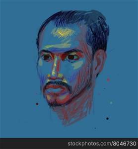 Color drawing of unidentified of asian man portrait on blue background