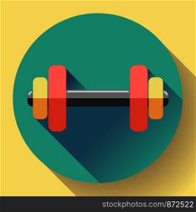 Color dumbbell icon with long shadow. Symbol of gum and fitness. Flat design style.. Color dumbbell icon with long shadow. Symbol of gum. Flat design style.