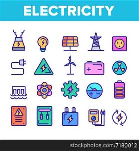 Color Electricity Industry Icons Set Vector. Battery And Turbine Tower, Light Bulb And Socket Jack Electricity Industry Element Elements Linear Pictograms. Lightning Sign Contour Illustrations. Color Electricity Industry Icons Set Vector