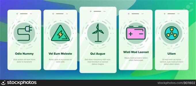 Color Electricity Industry Onboarding Mobile App Page Screen Vector. Battery And Turbine Tower, Light Bulb And Socket Jack Electricity Industry Element Elements. Lightning Illustrations. Color Electricity Industry Vector Onboarding