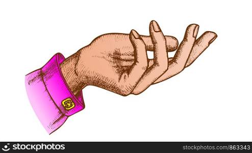 Color Elegant Girl Hand Gesture Open Palm Vintage Vector. Reaches Out, Asking Or Help Communication Gesture. Female Gesturing Designed In Retro Style Closeup llustration. Color Elegant Girl Hand Gesture Open Palm Vintage Vector