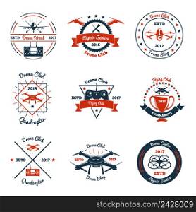 Color emblems with drone, controller and design elements for club, school, repair service, tournament isolated vector illustration. Drone Color Emblems