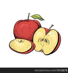 Color engraved illustration of apples. Hatched drawing. The object is separate from the background. Illustration for the menu, recipes, postcards and your creativity.. Color engraved illustration of apples. Hatched drawing.