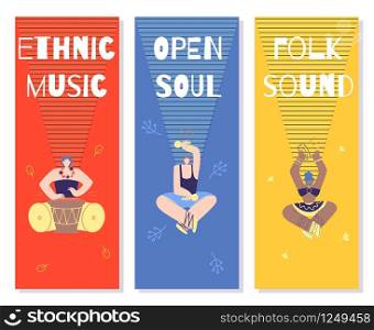 Color Ethnic Music Festival Cards Playing African Traditional Instruments Artists Ethnic Music Open Soul Folk Sound Party Flyer Set Color Flat Vector Illustration Banner Invitation Advertising Poster. Ethnic Music Banner Folk Festival Invitation Cards