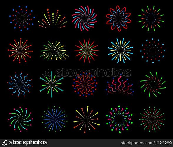 Color fireworks. Festive christmas salute, happy new year pyrotechnic circle explosions with sparks. Outline firecrackers vector party bright festival set. Color fireworks. Festive christmas salute, happy new year pyrotechnic circle explosions with sparks. Outline firecrackers vector set