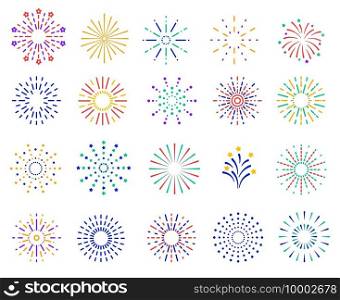 Color fireworks. Festive sparkles, carnival salutes. Birthday party and christmas vibrant firecrackers explosion vector set. Illustration fire carnival, christmas celebration firecracker. Color fireworks. Festive sparkles, carnival salutes. Birthday party and christmas vibrant firecrackers explosion vector set