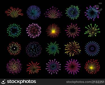 Color fireworks set. Graphic firework, celebrate season elements. Night show, winter summer festival icons. Color party or carnival tidy vector set. Illustration of festival colorful holiday. Color fireworks set. Graphic firework, celebrate season elements. Night show, winter summer festival icons. Color party or carnival tidy vector set