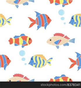 Color fish seamless pattern vector. Baby seabed background. Characters swim print for kids design. Template marine ocean underwater life doodle style