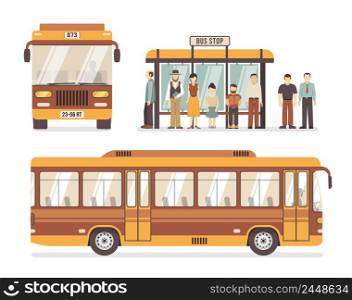 Color flat decorative icons depicting bus stop people and city bus vector illustration. City Bus Stop Flat Icons