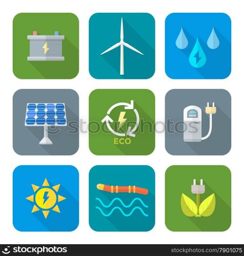 color flat style recycle ecology energy icons. vector color flat design recycle ecology energy icons set long shadow