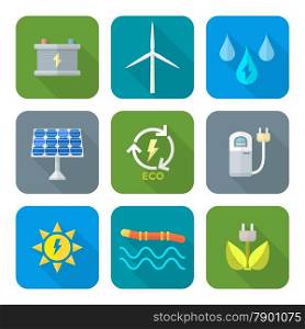 color flat style recycle ecology energy icons. vector color flat design recycle ecology energy icons set long shadow