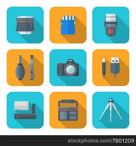 color flat style square digital photography tools icons . vector color flat design square digital photography equipment icons long shadow