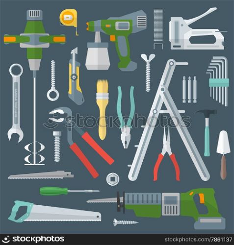 color flat style various house remodel instruments set. vector colored various flat design house repair tools instruments set