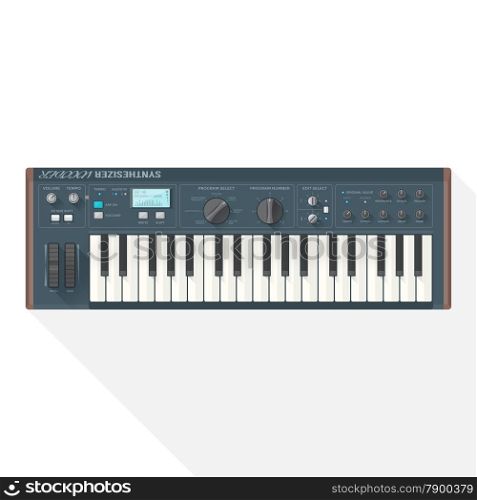 color flat style vector piano roll synthesizer vocoder. color flat style vector grey blue piano roll analog synthesizer faders buttons knobs display on white background
