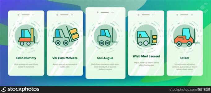 Color Forklift, Lift Truck Vector Onboarding Mobile App Page Screen. Transportation Forklift Machine Outline Cliparts. Delivery, Logistics Vehicle For Lifting And Carrying Loads Illustration. Color Forklift, Lift Truck Vector Onboarding