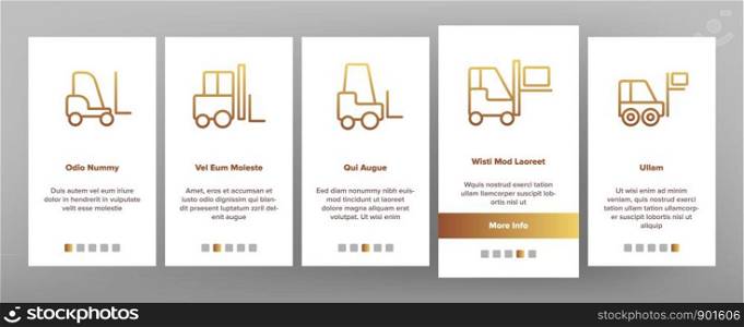 Color Forklift, Lift Truck Vector Onboarding Mobile App Page Screen. Transportation Forklift Machine Outline Cliparts. Delivery, Logistics Vehicle For Lifting And Carrying Loads Illustration. Color Forklift, Lift Truck Vector Onboarding