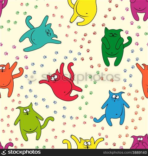 Color funny cats with traces of paws on seamless vector pattern. Seamless pattern with funny cats